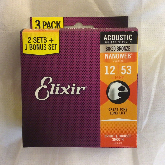 【販売済】Elixir アコギ弦 2セット+1ボーナスパック NANOWEBBronze Light .012-.053 #16539