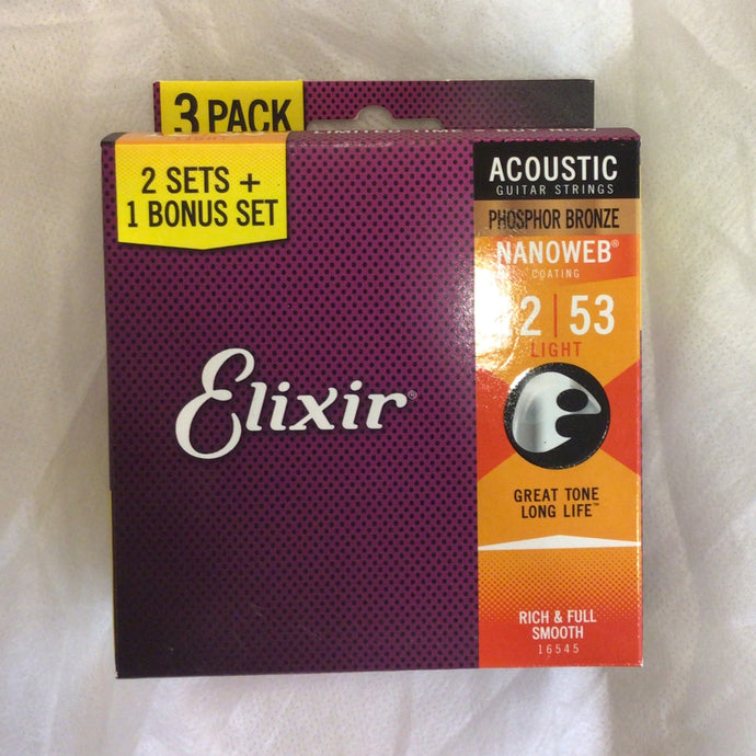 【販売済】Elixir アコギ弦 2セット+1ボーナスパック NANOWEB PhosphorBronze Light .012-.053 #16545